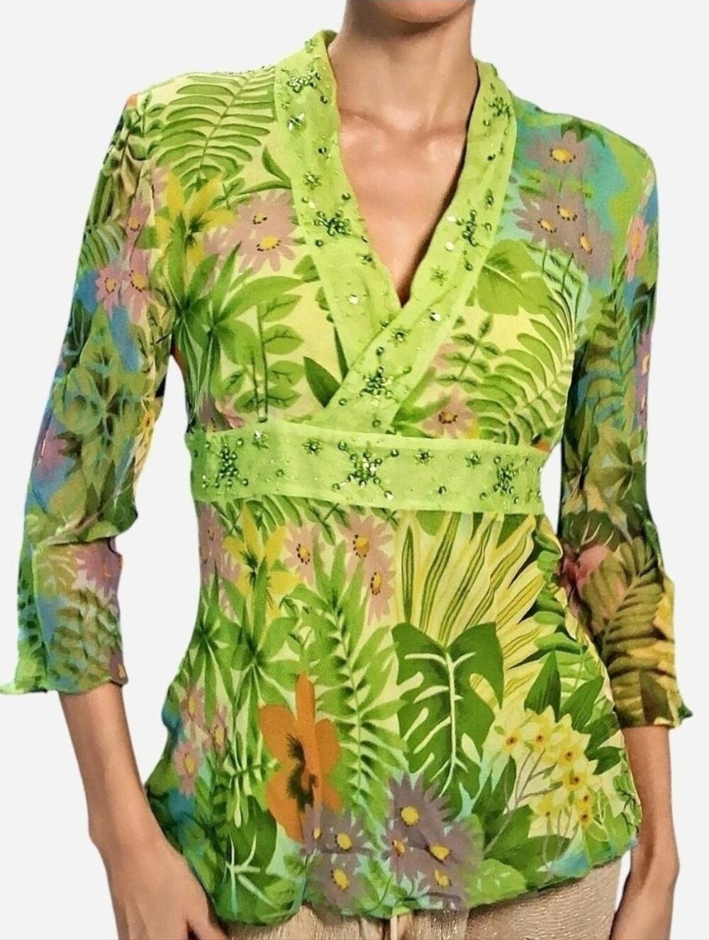 Spenser Jeremy Vintage Silk Green floral blouse sequin beaded size small